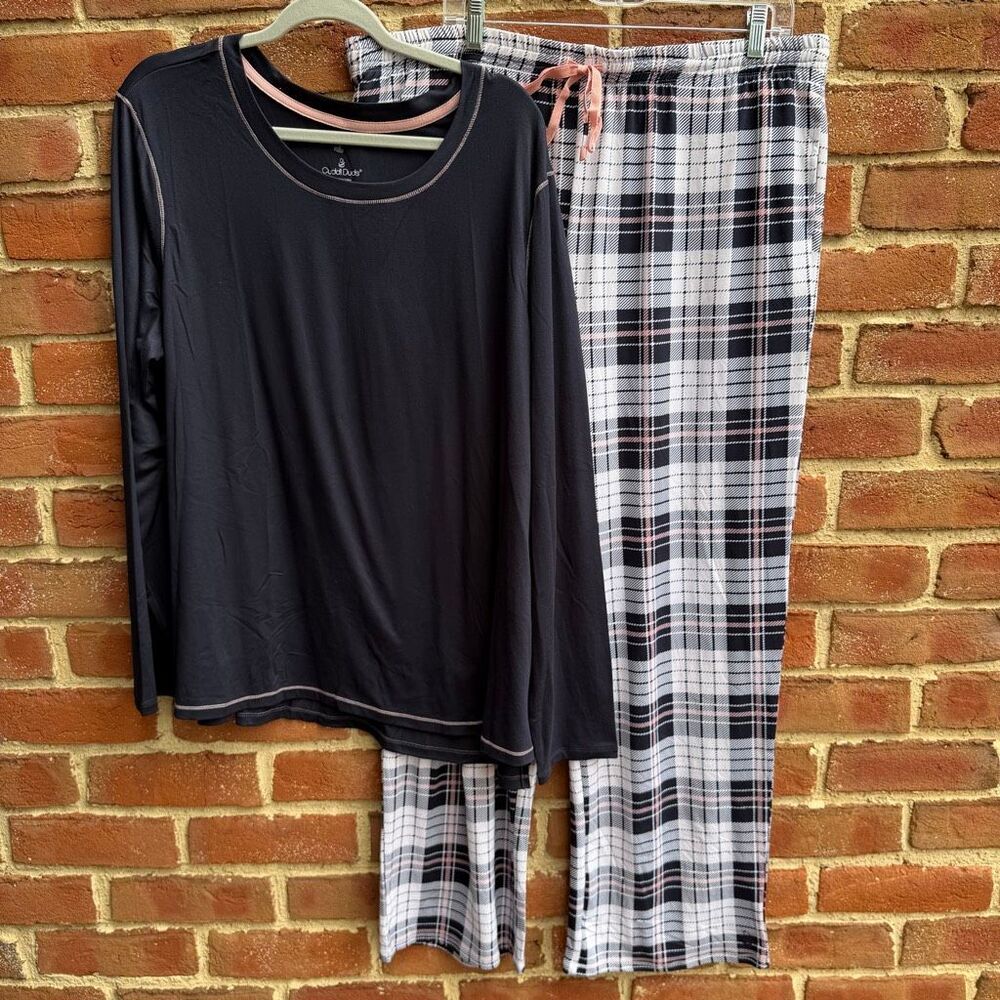 Cuddle Duds Long Sleeve Sleep Tee &Plaid Pant 2Pc Pajama Set Navy White XL NWOT